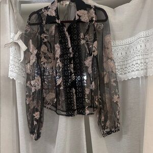 Peach Couture Black and Pink Floral Sheer Blouse